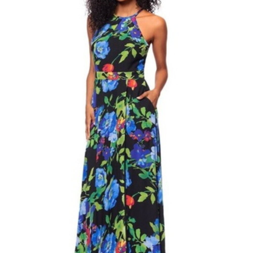 Betsy & Adam Black Multi Halter Floral Chiffon Maxi Dress - Picture 3 of 6